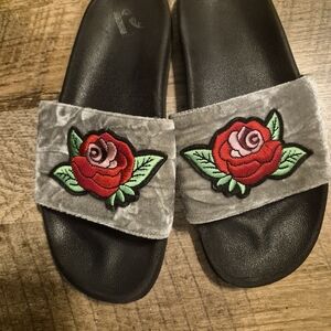 Gray Slides with Red Rose Embroidery